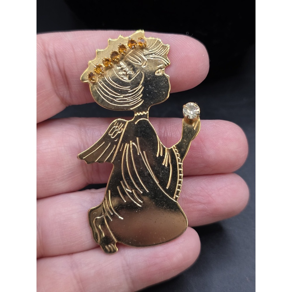 Kneeling Angel Brooch Pin-Gold Tone Metal-Clear Halo Rhinestones-Prong Set
